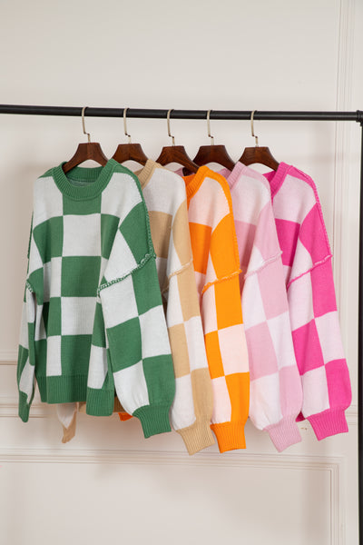 Pink Checkered Bishop Sleeve Sweater-Tops-MomFashion