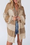 Khaki Stripe Lantern Sleeve Fringed Open Cardigan-Tops-MomFashion