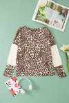 White Leopard Color Block Patchwork Split Neck Long Sleeve Top-Tops-MomFashion