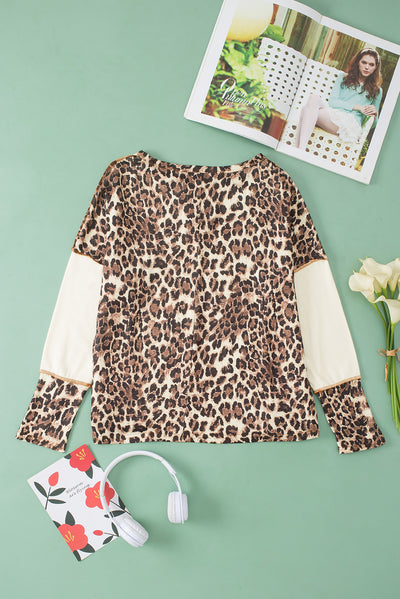 White Leopard Color Block Patchwork Split Neck Long Sleeve Top-Tops-MomFashion