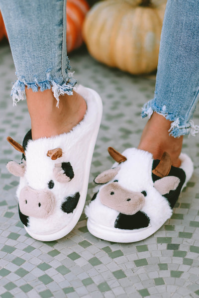 White Cartoon Animal Cow Plush Slippers-Shoes & Bags-MomFashion