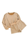 Khaki Piping Trim Long Sleeve Terry Shorts Set-Loungewear-MomFashion