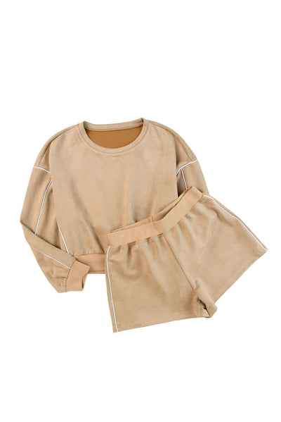 Khaki Piping Trim Long Sleeve Terry Shorts Set-Loungewear-MomFashion