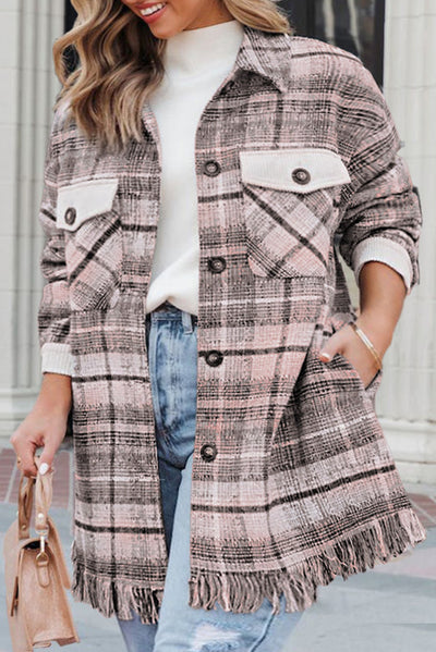 Pink Plus Size Macrame Plaid Coat-Plus Size-MomFashion