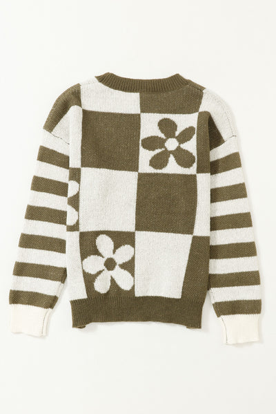 Green Checkered Floral Print Striped Sleeve Sweater-Tops-MomFashion