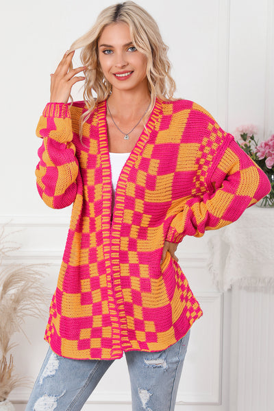 Multicolor Open Front Mixed Checkered Pattern Knit Cardigan-Tops-MomFashion