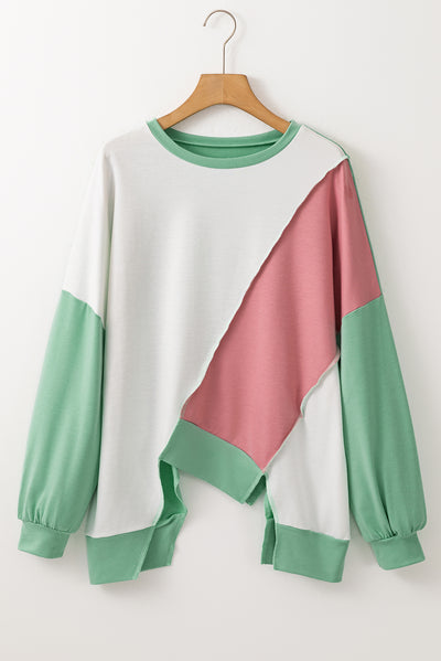 Colorblock Stitching Irregular Hem Long Sleeve Top-Tops-MomFashion