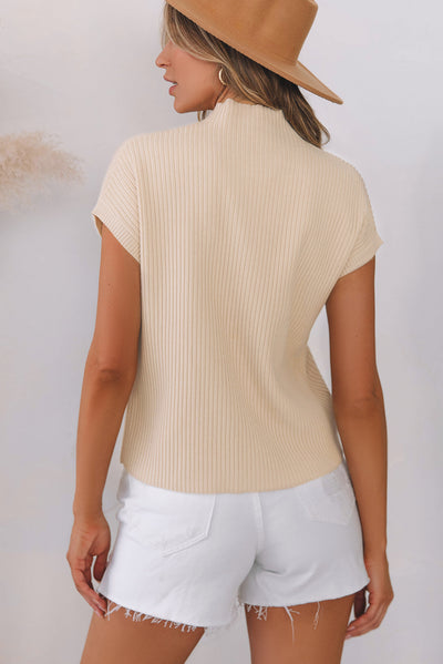 Oatmeal Patch Pocket Ribbed Knit Short Sleeve Sweater-Tops-MomFashion