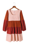 Corduroy Striped Square Neck Long Sleeve Dress-Dresses-MomFashion