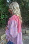 Rose Frayed Tweed Plaid Patchwork Buttoned Jacket-Outerwear-MomFashion