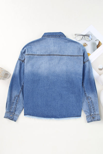 Sky Blue Flap Pockets Raw Hem Denim Shacket-Outerwear-MomFashion