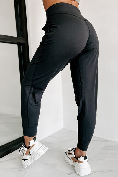 Black Exposed Seam High Waist Pocketed Joggers-Bottoms-MomFashion