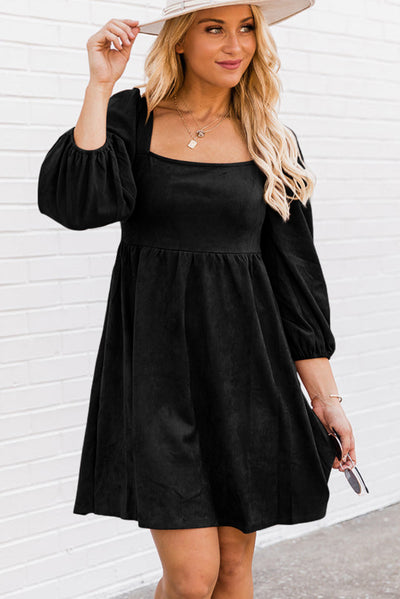 Black Suede Square Neck Puff Sleeve Dress-Dresses-MomFashion