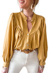 Yellow Puff Sleeve Pleated Loose Shirt-Tops-MomFashion