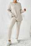 Apricot Ribbed Knit Loose Long Sleeve Top Skinny Pants Set-Loungewear-MomFashion