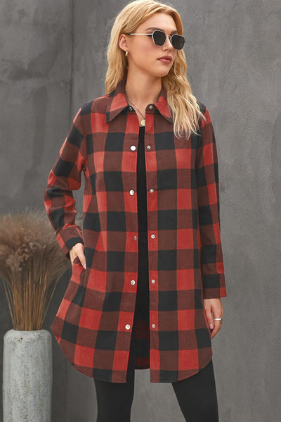 Fiery Red Turn-down Collar Plaid Shirt Coat-Outerwear-MomFashion