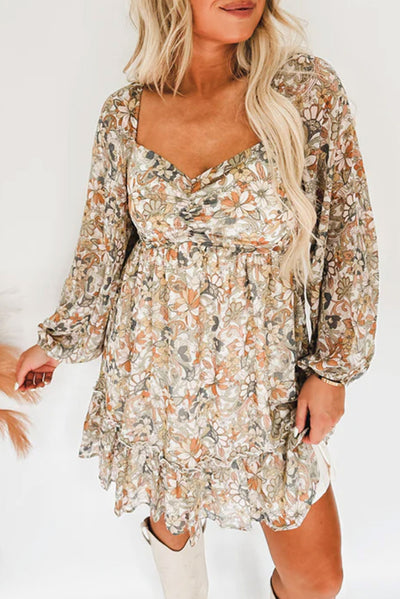 Floral Print Smocked Back Puff Sleeve Mini Dress-Dresses-MomFashion