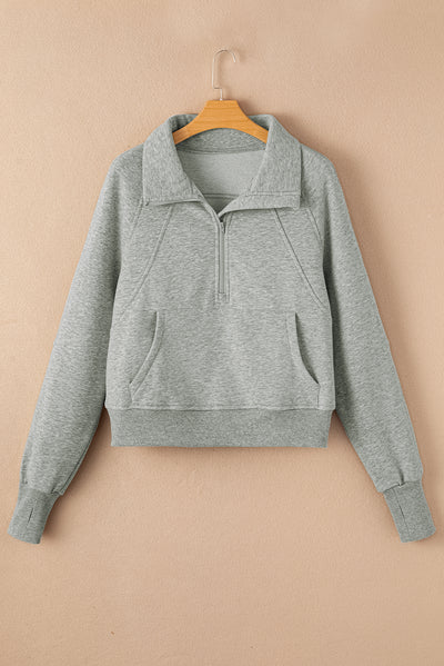 Gray Zip Up Stand Collar Ribbed Thumbhole Sleeve Sweatshirt-Tops-MomFashion