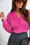 Pink V Neck Collared Button Pleated Shirt-Tops-MomFashion