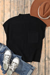 Black Patch Pocket Ribbed Knit Short Sleeve Sweater-Tops-MomFashion