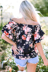 Blue Ruffle Off Shoulder Flounce Sleeve Floral Blouse-Tops-MomFashion