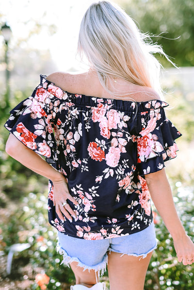 Blue Ruffle Off Shoulder Flounce Sleeve Floral Blouse-Tops-MomFashion