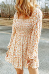 Apricot Boho Floral Smocked Puff Sleeve Mini Dress-Dresses-MomFashion