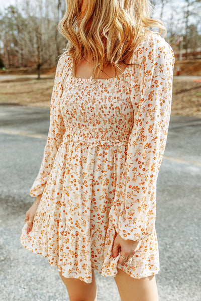 Apricot Boho Floral Smocked Puff Sleeve Mini Dress-Dresses-MomFashion