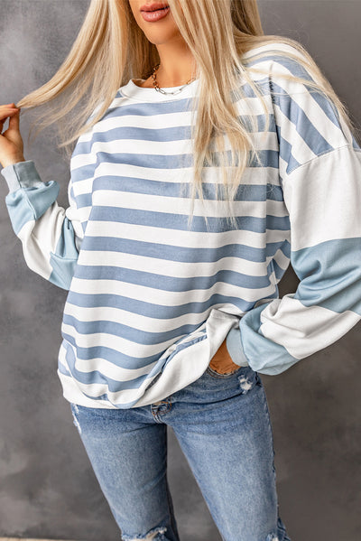 Stripe Drop Shoulder Striped Pullover Sweatshirt-Tops-MomFashion