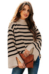 Khaki Striped Mock Neck Bell Sleeve Knit Sweater-Tops-MomFashion