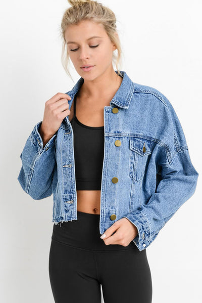 Sky Blue Medium Wash Chunky Cropped Denim Jacket-Outerwear-MomFashion