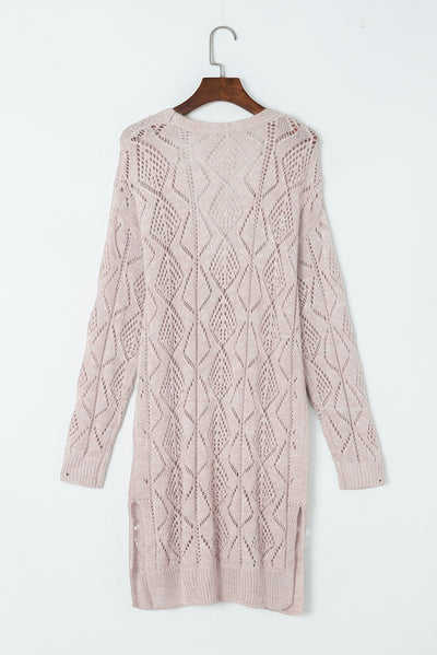 Khaki Hollow-out Openwork Knit Cardigan-Tops-MomFashion