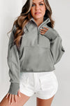 Gray Zip Up Stand Collar Ribbed Thumbhole Sleeve Sweatshirt-Tops-MomFashion