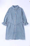 Sky Blue Buttoned Long Sleeve Denim Mini Dress-Dresses-MomFashion