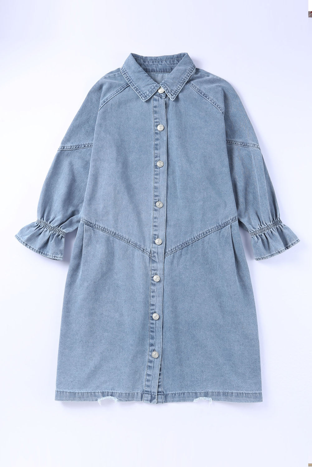 Sky Blue Buttoned Long Sleeve Denim Mini Dress-Dresses-MomFashion