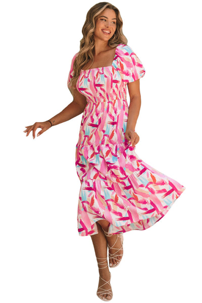 Pink Brush Stroke Printed Smocked Ruffle Tiered Dress-Dresses-MomFashion