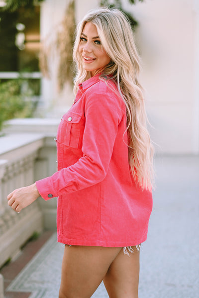 Pink Buttoned Flap Pocket Corduroy Jacket-Outerwear-MomFashion