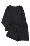 Black Textured Long Sleeve Top and Drawstring Shorts Set-Loungewear-MomFashion