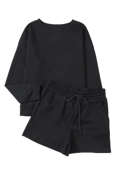 Black Textured Long Sleeve Top and Drawstring Shorts Set-Loungewear-MomFashion