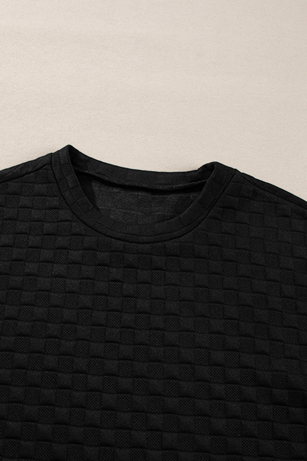 Color black Checkered Textured Split Pullover Top and Pants Set-Two Piece Sets/Pant Sets-MomFashion