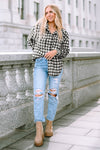 Black Plaid Print Chest Pockets Buttoned Tunic Shacket-Outerwear-MomFashion