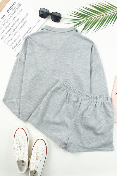 Gray Ribbed Zipper Sweatshirt and High Waist Shorts Set-Loungewear-MomFashion