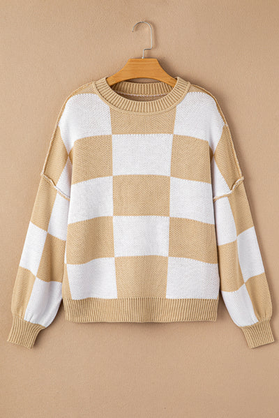 Khaki Checkered Bishop Sleeve Sweater-Tops-MomFashion