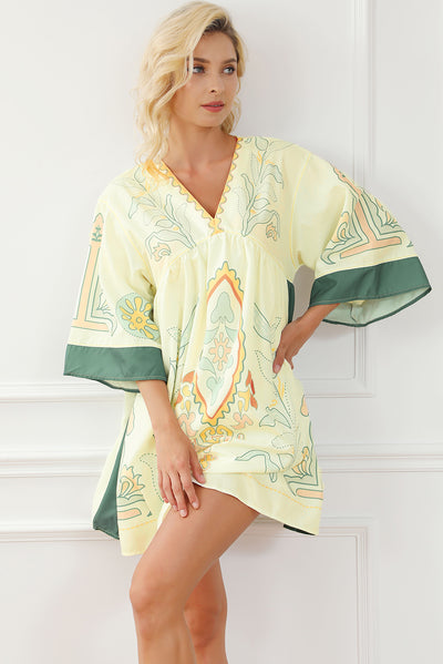 Multicolour Boho Print V Neck Empire Waist Short Kimono Dress-Dresses-MomFashion