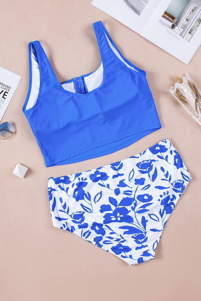 Blue Square Neck Sleeveless Fashion Print Tankini Set-Swimwear-MomFashion