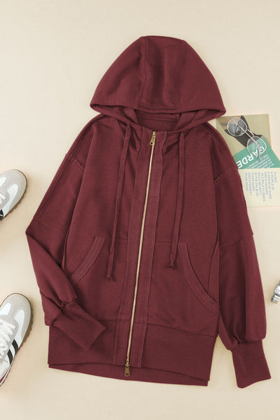 Brown Raw Edge Exposed Seam Full Zip Hoodie-Tops-MomFashion