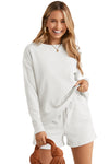 White Textured Long Sleeve Top and Drawstring Shorts Set-Loungewear-MomFashion