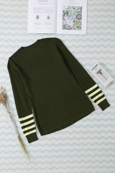 Green Striped Sleeve Plain Knit Sweater-Tops-MomFashion