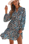 Blue Leopard Print Bubble Sleeve Ruffled Shirt Dress-Dresses-MomFashion