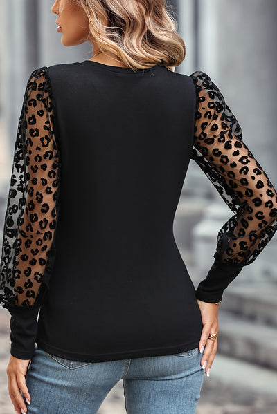 Black Leopard Mesh Puff Sleeve Patchwork Slim Fit Top-Tops-MomFashion